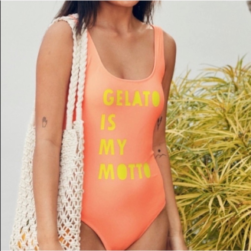 aerie Peach/Neon Yellow 'Gelato Is My Motto' One-Piece Swimsuit